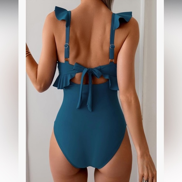 Elegant Blue Cutout, Ruffle One-Piece Swimsuit - Picture 2 of 4